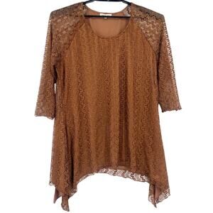 Indigo Soul Lace Hanky Hem Top XL Caramel Festival Boho Earthy Romantic Tunic